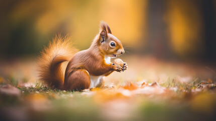 European red squirrel in the forest, focused on collecting nuts, with its bushy tail and striking fur, perfectly capturing the essence of nature’s agility and charm