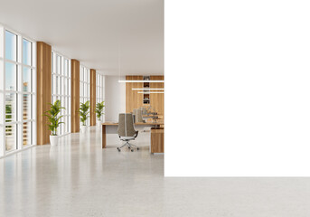 Free PNG wallpaper mockup in Interior, Modern Minimalist Office Interior with transparent background, 3D rendering