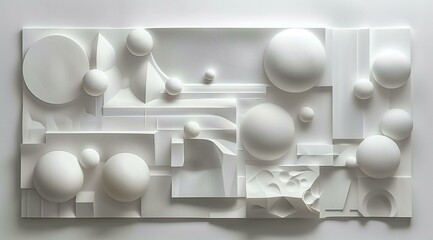 Abstract White Geometric Sculpture with Multiple Spheres and Cuboids