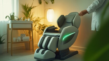 Chronic back pain relief illustrated by a person using a hand-held massager in a well-lit therapy space. Featuring portable solutions