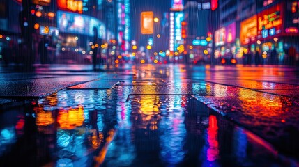 A dynamic cityscape at night with glowing neon lights and reflections on wet pavement, cinematic and moody