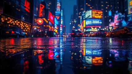 Obraz premium A dynamic cityscape at night with glowing neon lights and reflections on wet pavement, cinematic and moody