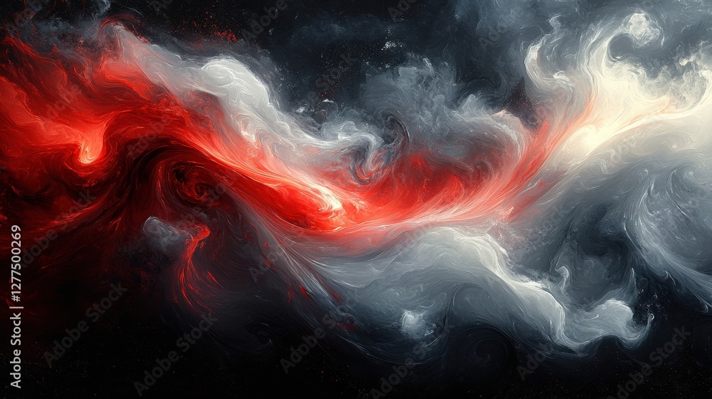 Poster abstract swirling colors of red and white against a dark background, creating a dynamic visual effec