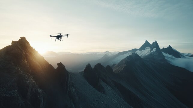 Video generation showcasing a high-tech drone flying over scenic mountains. Featuring innovation and exploration