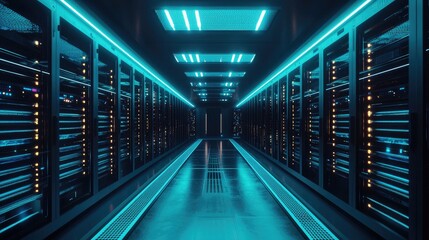 Fototapeta premium Futuristic server room with illuminated racks and advanced data infrastructure, perfect for cloud computing, cybersecurity, AI, and modern networking visuals
