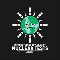 International day against nuclear tests. August 29. Vector illustration of sad earth character surrounded by nuclear weapons. White background. Stop testing nuclear weapons. Poster or banner.