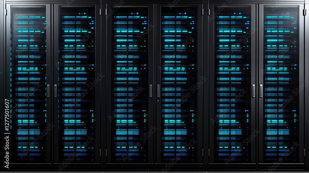 Poster high-tech server room with glowing blue data racks, ideal for cloud computing, cybersecurity, networ