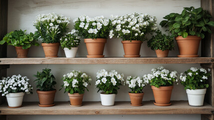 Fototapeta premium This image of white flowers in pots on shelves captures a serene and stylish home decor look, perfect for nature and gardening enthusiasts bringing fresh plants. AI generative.