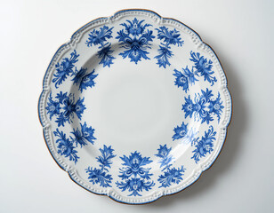 Blue and White Porcelain Plate Floral Design Scalloped Edge