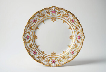 Ornate Gold and White Porcelain Plate Pink Flowers Decorative Dish
