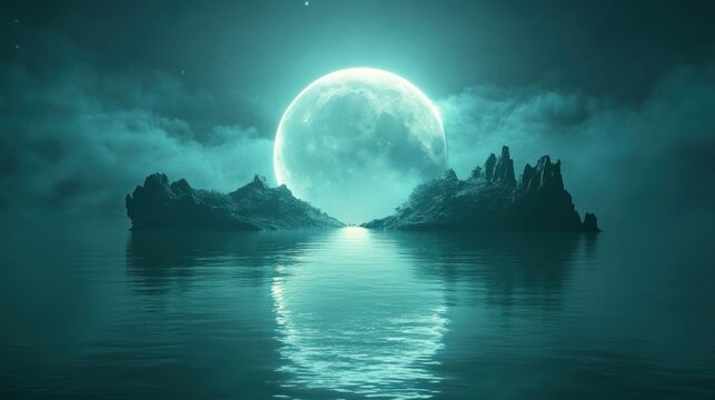 Full moon over calm water reflecting serene night scene with rocky islands.