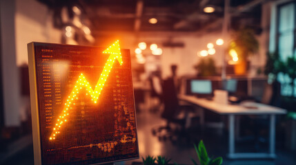 Glowing upward arrow graph on digital screen symbolizing positive company growth and future outlook, representing business success and financial progress.