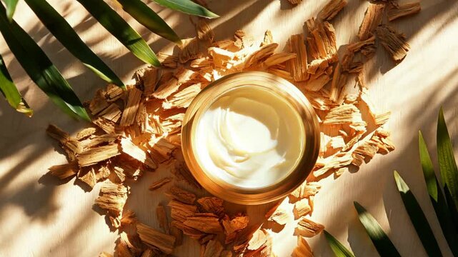 A beautifully crafted jar of natural moisturizing cream, surrounded by wood shavings and soft palm leaf shadows. The warm sunlight enhances the organic, eco-friendly, and luxurious skincare aesthetic.