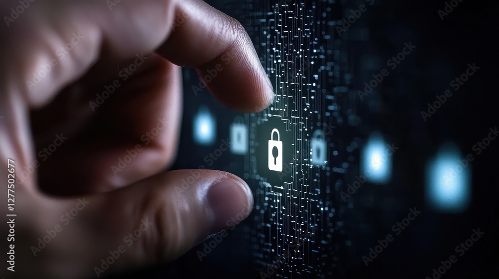 Poster a hand reaches toward a digital lock on a screen, symbolizing cybersecurity and data protection in a