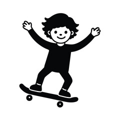 Happy Kid Skateboarding, Joyful Ride, Fun, Black and White Illustration