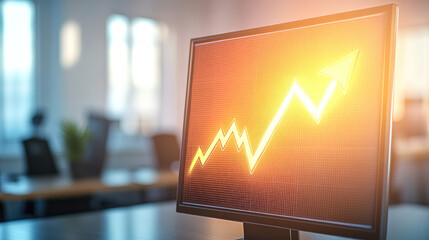 Glowing upward arrow graph on digital screen symbolizing positive company growth and future outlook, representing business success and financial progress.