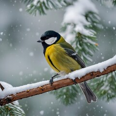 Fototapeta premium Vibrant Great Tit Resting on a Branch Amid a Snow-Covered Forest Scene