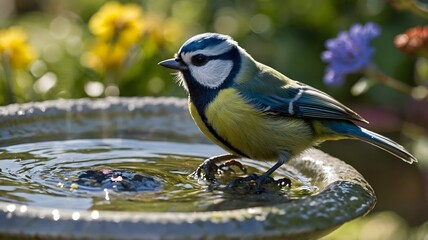 Obraz premium Charming Blue Tit Resting on a Birdbath, Surrounded by Colorful Garden Blooms and Its Reflection