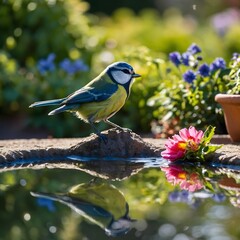 Obraz premium Blue Tit Perched on a Birdbath with Its Reflection Amid Vibrant Garden Flowers
