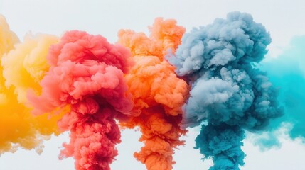 Fototapeta premium Vibrant smoke clouds in various colors create a stunning visual effect against a light background, showcasing creativity and energy.