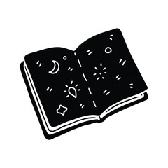 Open Book Celestial Doodle Sketch, Night Sky, Stars, Moon