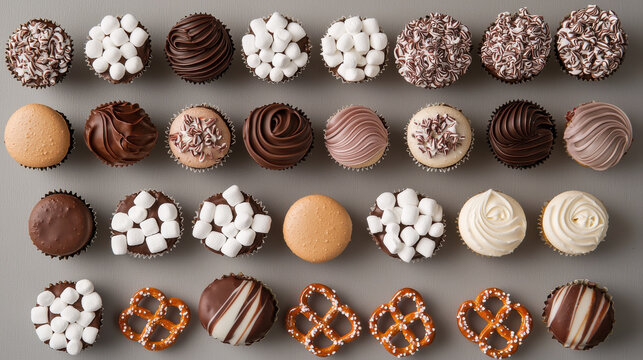 Delicious assortment of cupcakes and pretzels on gray background, Happy Birthday Anniversary Theme.