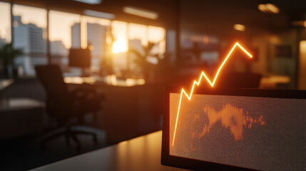 Glowing upward arrow graph on digital screen symbolizing positive company growth and future outlook, representing business success and financial progress.