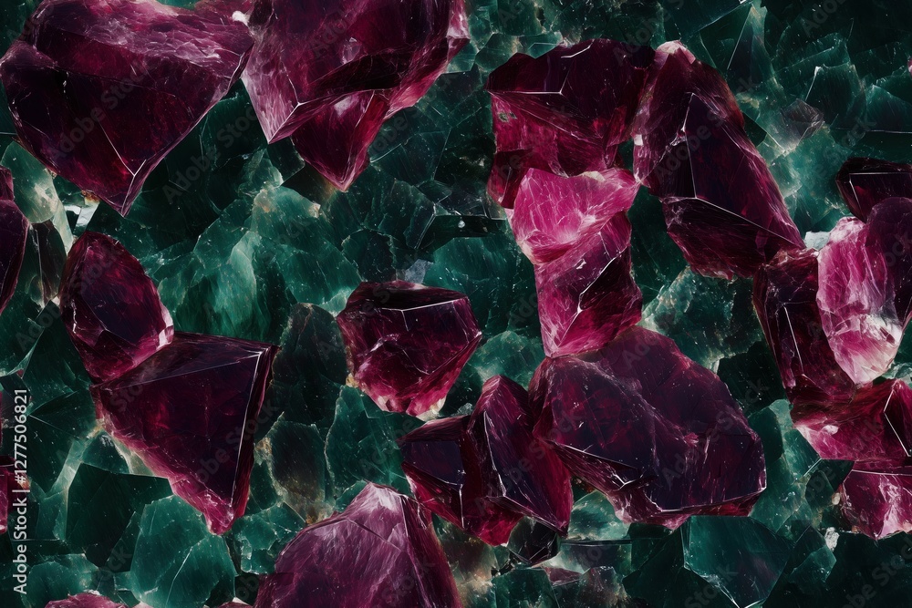 Poster seamless ruby zoisite vibrant red and green mineral crystals with sharp edges and reflective surface