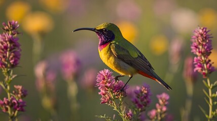 Fototapeta premium Colorful Sun bird Sipping Nectar from Wildflowers in a Lush Meadow, Glowing in Soft Morning Light