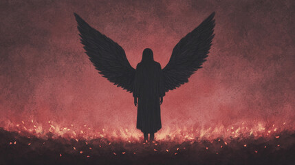 Fototapeta premium Dark Angel in Fiery Landscape
