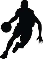 Silhouette of a basketball player dribbling the ball in action, captured in a dynamic and energetic pose