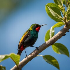 Obraz premium Vibrant Sun bird Resting on a Twig, Adorned with Shimmering Emerald, Gold, and Crimson Feathers