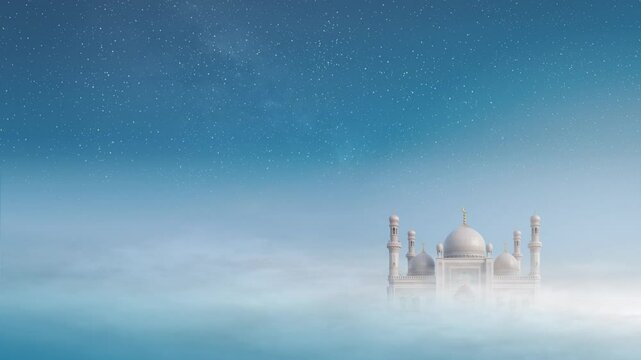 Cloudy mosque with clear blue sky looping animation abstract background for eid and ramadan