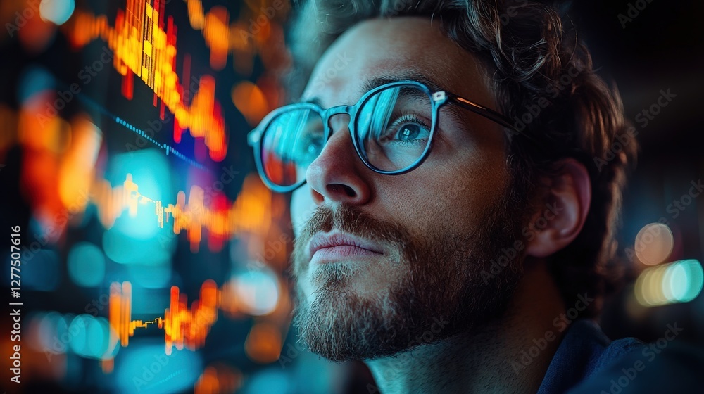 Poster young man analyzing vibrant data visualizations on a digital screen in a modern workspace