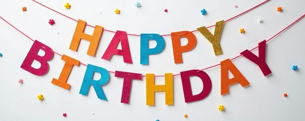 Vibrant "Happy Birthday" paper banner with glitter accents hanging against a white background for festive decorations, decorations, happy