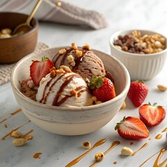 A Bowl of Chocolate and Vanilla Swirl Ice Cream with Toppings