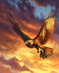 Obraz premium Soaring Eagle in the Sky: An majestic eagle with powerful wings and keen gaze, soaring gracefully against a vivid, painterly sunset sky.