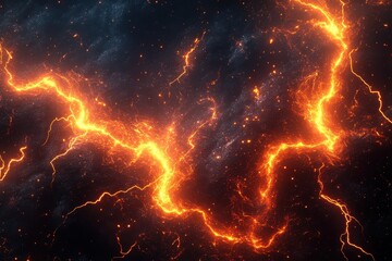 Fototapeta premium Fiery orange lightning streaks across a dark, textured background. Ideal for projects needing intense energy or fiery themes.