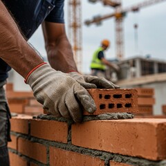 Bricklayer Placing Brick on Wall at Construction Site with Cranes