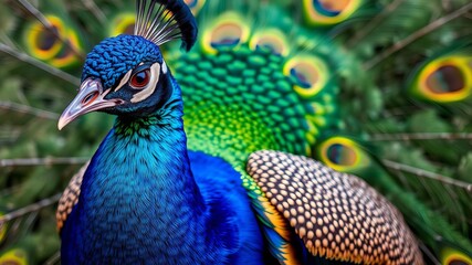 Obraz premium Vibrant close up of a peacock showcasing its colorful feathers, ornate, plumage