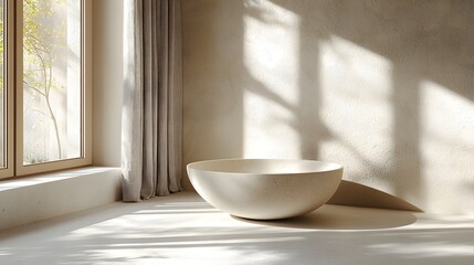 Beautifully crafted ceramic bowl resting on a clean white surface with soft diffused shadows showcasing a minimalist elegant and tranquil composition