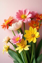 Naklejka premium Vibrant bouquet of tulips, daisies, and daffodils, spring, nature