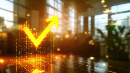 Glowing upward arrow graph on digital screen symbolizing positive company growth and future outlook, representing business success and financial progress.
