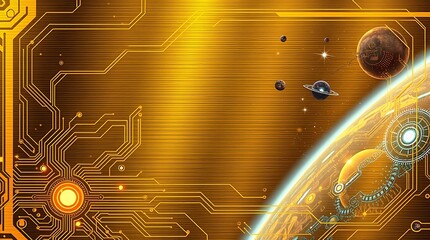 gold textured background illustration in a futuristic sci-fi style.  Advanced technology is depicted through intricate circuitry and glowing components.  Space elements include distant nebulae and sta