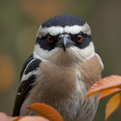 Fototapeta premium Detailed Shot of Shrike's Predatory Beak and Focused Eyes in a Dense Woodland Setting