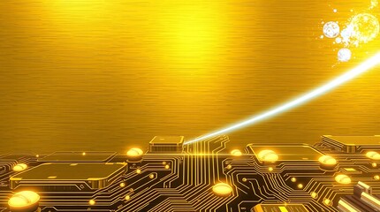 gold textured background illustration in a futuristic sci-fi style.  Advanced technology is depicted through intricate circuitry and glowing components.  Space elements include distant nebulae and sta