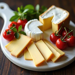 Explore a Delightful Plate of Varied Cheeses and Cherry Tomatoes Against a Blurred Background. A white plate topped with cheese and cherry tomatoes.
