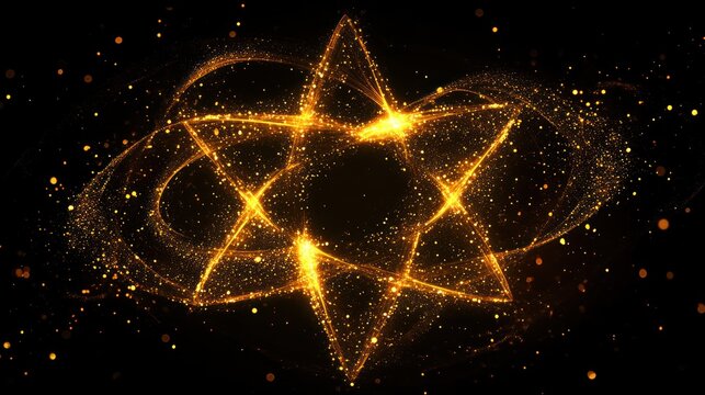 Glowing golden hexagram star with energy trails on black background.