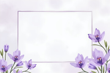 Fototapeta premium A soft pastel gradient of lilac and lavender, featuring watercolor flowers in shades of purple and green. The central blank space is delicately framed with a silver border 