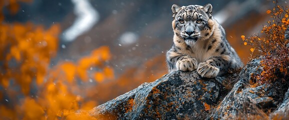 Majestic snow leopard perched on a rock, autumnal backdrop.